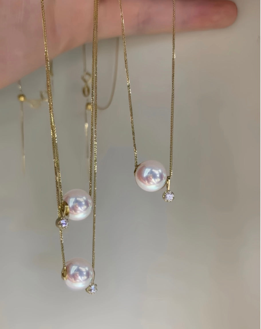 K18YG あこや真珠 スルーネックレス ペンダント ダイヤモンド 18K YG K18 イエローゴールド ダイヤ ネックレス 一粒 ショパンチェーン