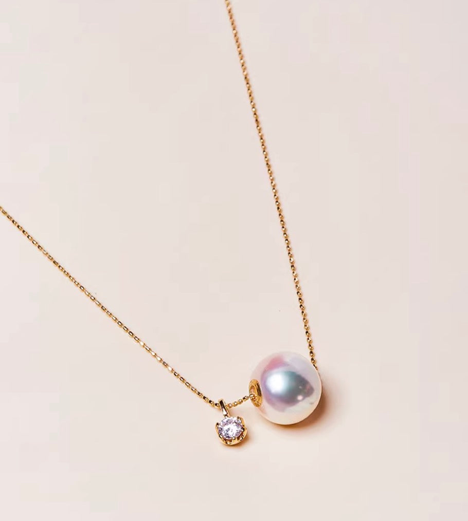 K18YG あこや真珠 スルーネックレス ペンダント ダイヤモンド 18K YG K18 イエローゴールド ダイヤ ネックレス 一粒 ショパンチェーン