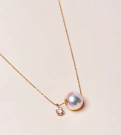 K18YG あこや真珠 スルーネックレス ペンダント ダイヤモンド 18K YG K18 イエローゴールド ダイヤ ネックレス 一粒 ショパンチェーン
