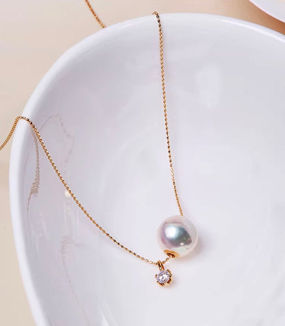 K18YG あこや真珠 スルーネックレス ペンダント ダイヤモンド 18K YG K18 イエローゴールド ダイヤ ネックレス 一粒 ショパンチェーン