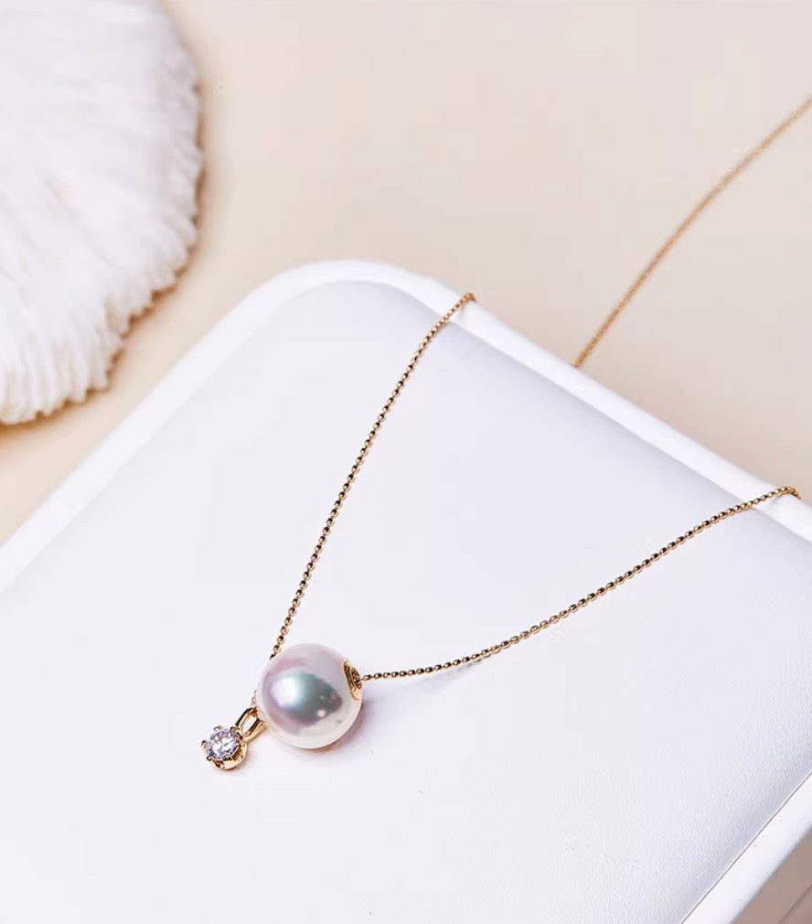 K18YG あこや真珠 スルーネックレス ペンダント ダイヤモンド 18K YG K18 イエローゴールド ダイヤ ネックレス 一粒 ショパンチェーン