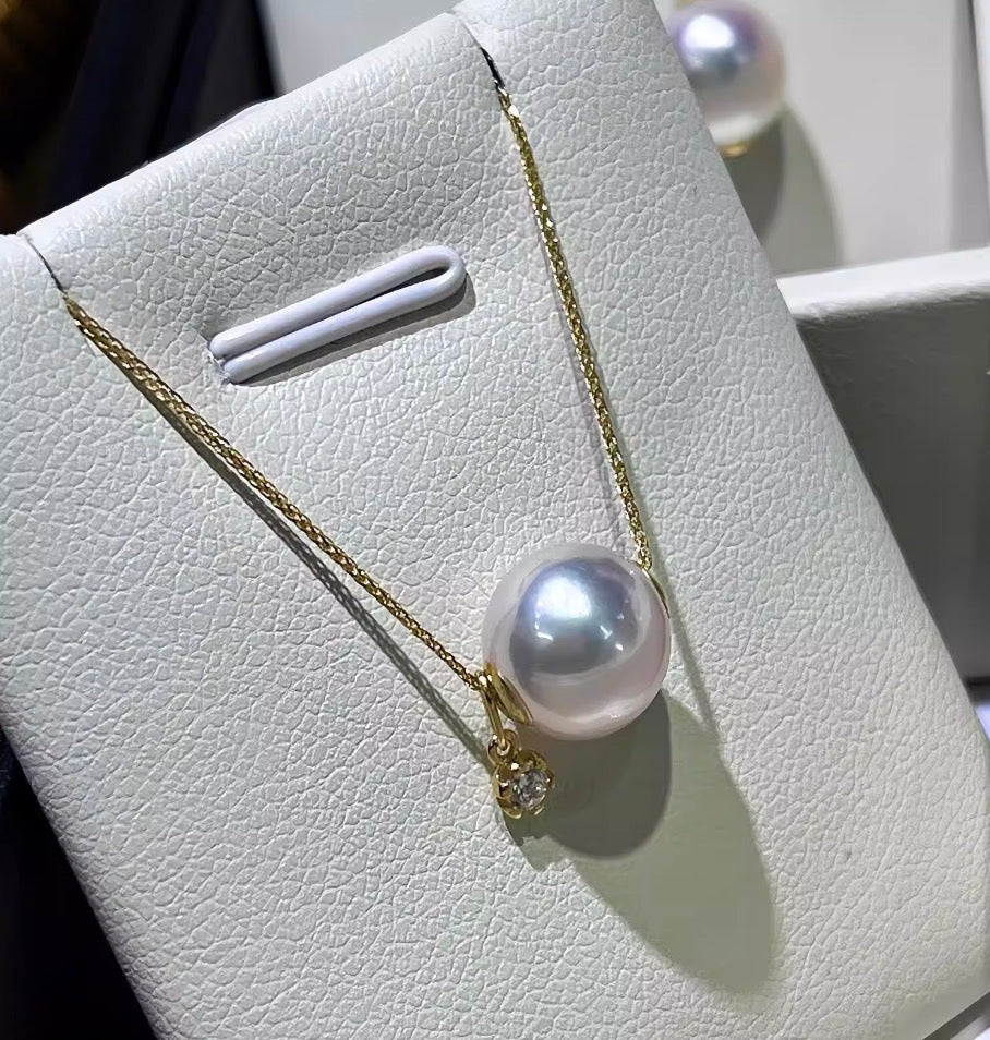 K18YG あこや真珠 スルーネックレス ペンダント ダイヤモンド 18K YG K18 イエローゴールド ダイヤ ネックレス 一粒 ショパンチェーン
