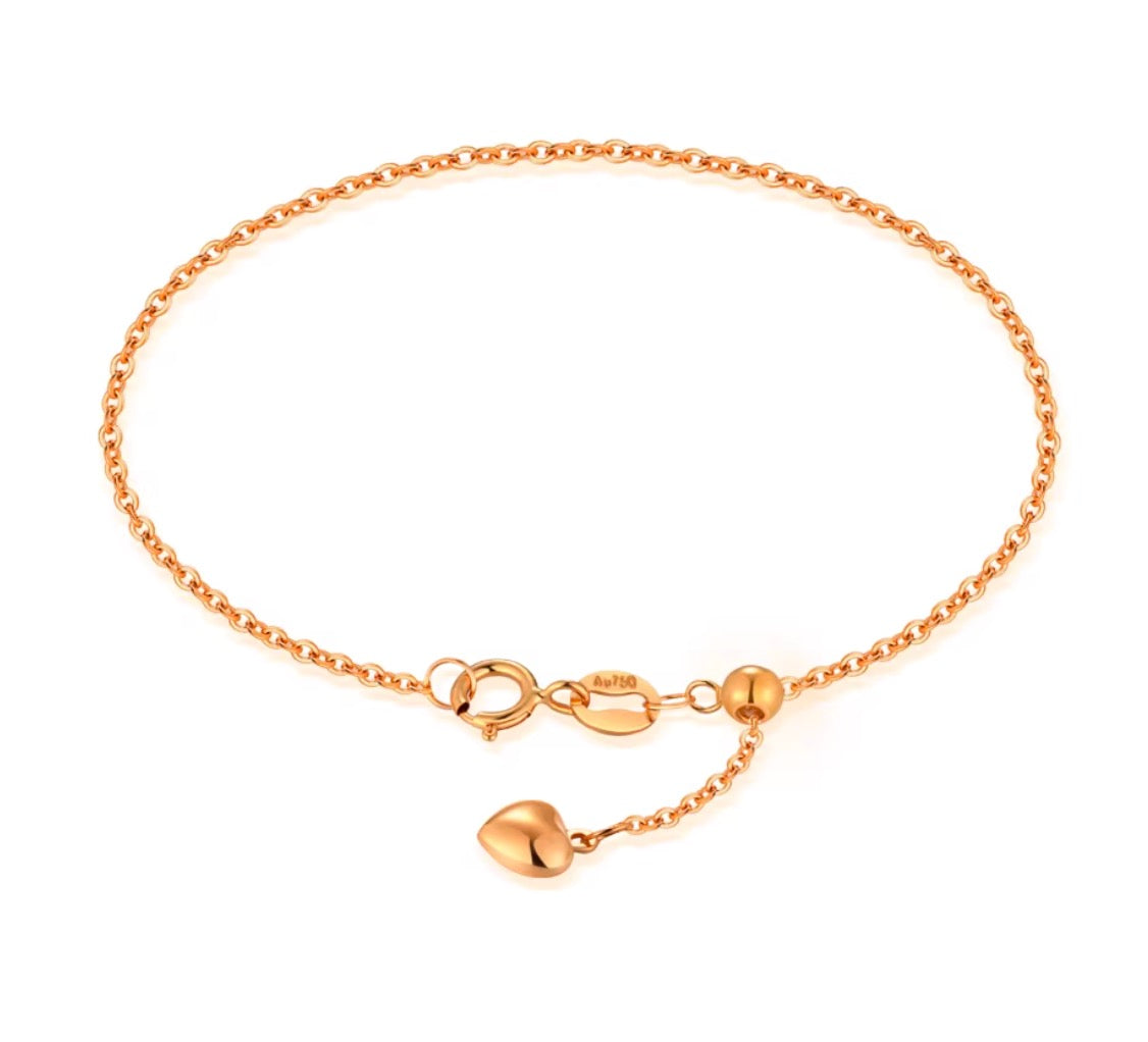 K18YG WG PG チェーンブレスレット ハートチャーム あずきチェーン 18k イエローゴールド ホワイトゴールド ピンクゴールド スライド式アジャスターチェーン