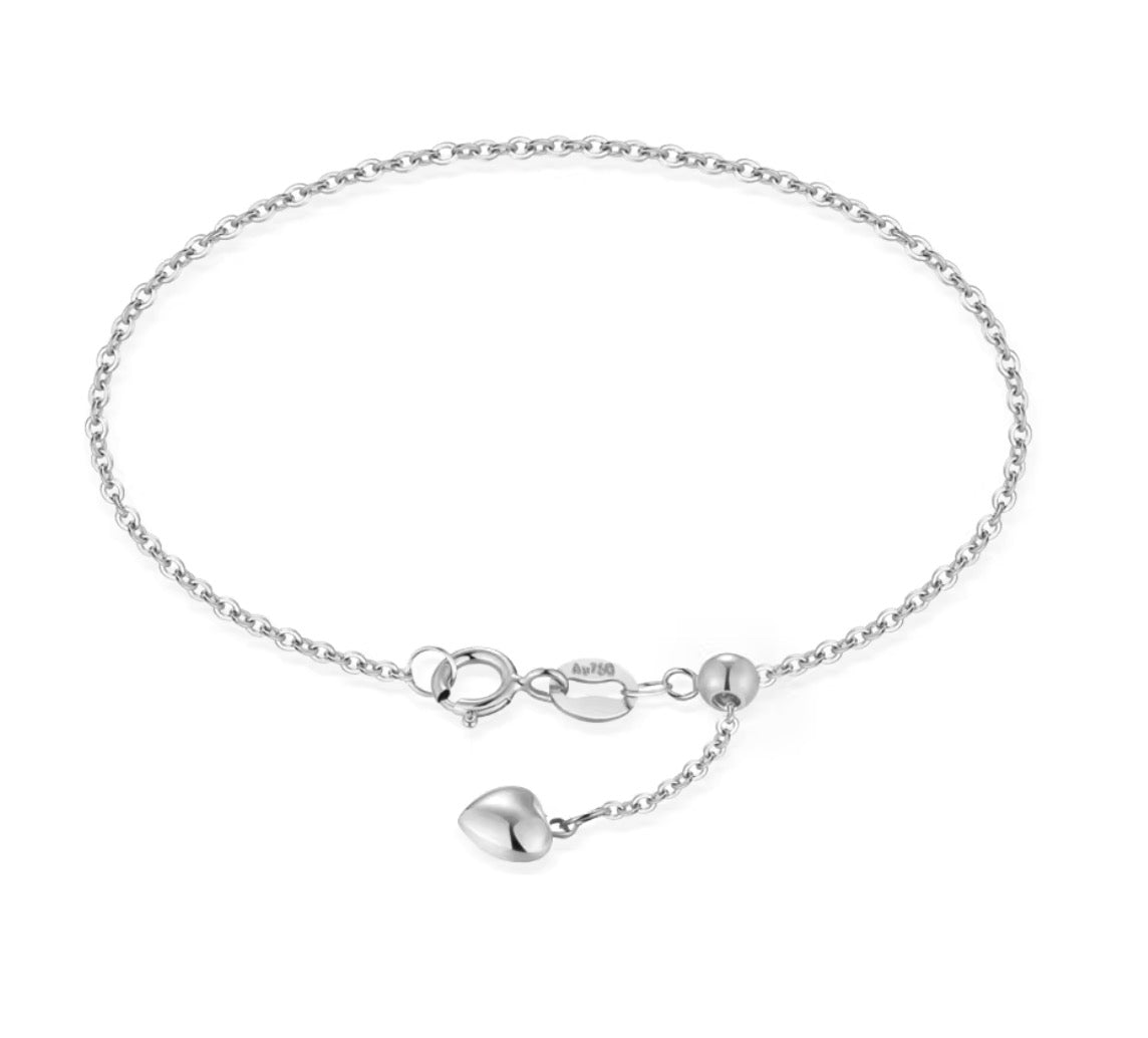 K18YG WG PG チェーンブレスレット ハートチャーム あずきチェーン 18k イエローゴールド ホワイトゴールド ピンクゴールド スライド式アジャスターチェーン