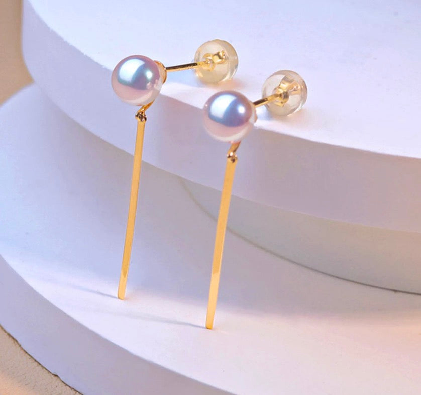 K18YG あこや真珠 パール ピアス スタッドピアス 揺れる スティック イエローゴールド  アコヤ真珠 ロングピアス プレート