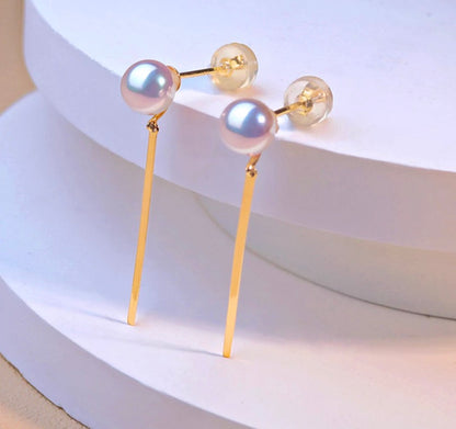 K18YG あこや真珠 パール ピアス スタッドピアス 揺れる スティック イエローゴールド  アコヤ真珠 ロングピアス プレート