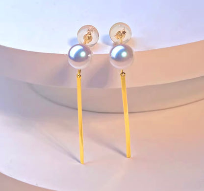 K18YG あこや真珠 パール ピアス スタッドピアス 揺れる スティック イエローゴールド  アコヤ真珠 ロングピアス プレート