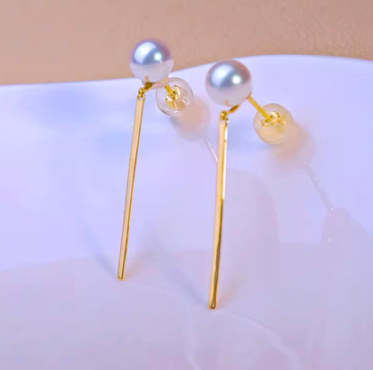 K18YG あこや真珠 パール ピアス スタッドピアス 揺れる スティック イエローゴールド  アコヤ真珠 ロングピアス プレート