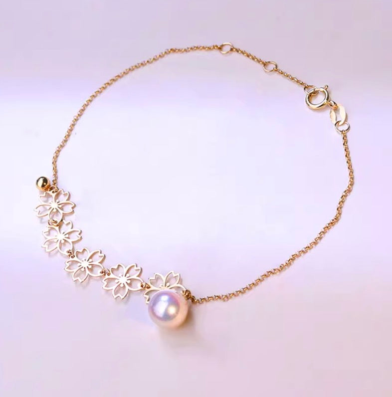 K18YG あこや真珠 パール ブレスレット 桜 花 チャーム イエローゴールド YG 18K あこや アコヤ真珠 ブレス