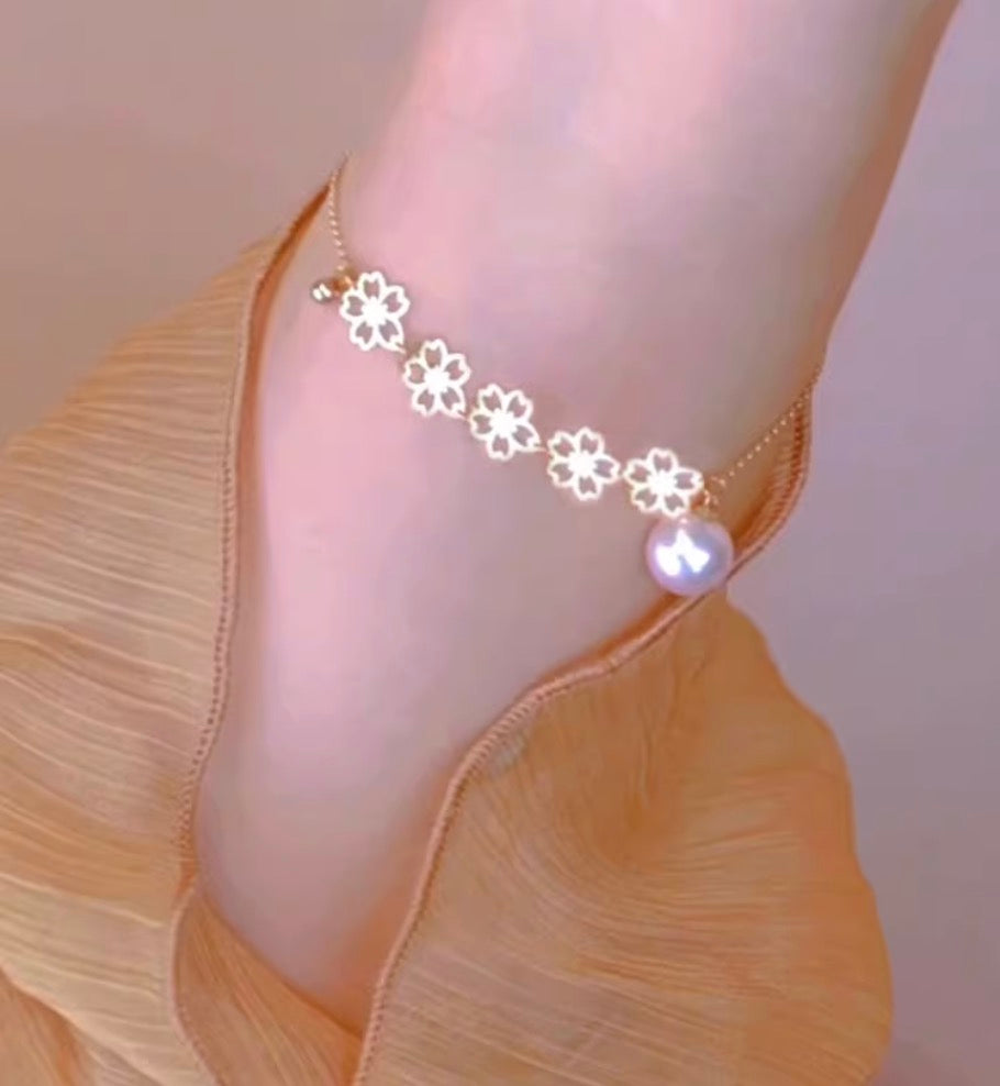 K18YG あこや真珠 パール ブレスレット 桜 花 チャーム イエローゴールド YG 18K あこや アコヤ真珠 ブレス