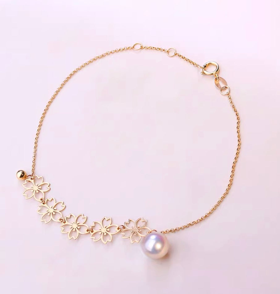 K18YG あこや真珠 パール ブレスレット 桜 花 チャーム イエローゴールド YG 18K あこや アコヤ真珠 ブレス