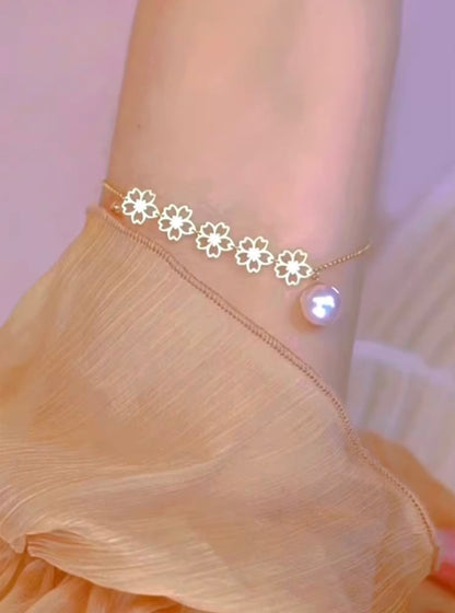 K18YG あこや真珠 パール ブレスレット 桜 花 チャーム イエローゴールド YG 18K あこや アコヤ真珠 ブレス