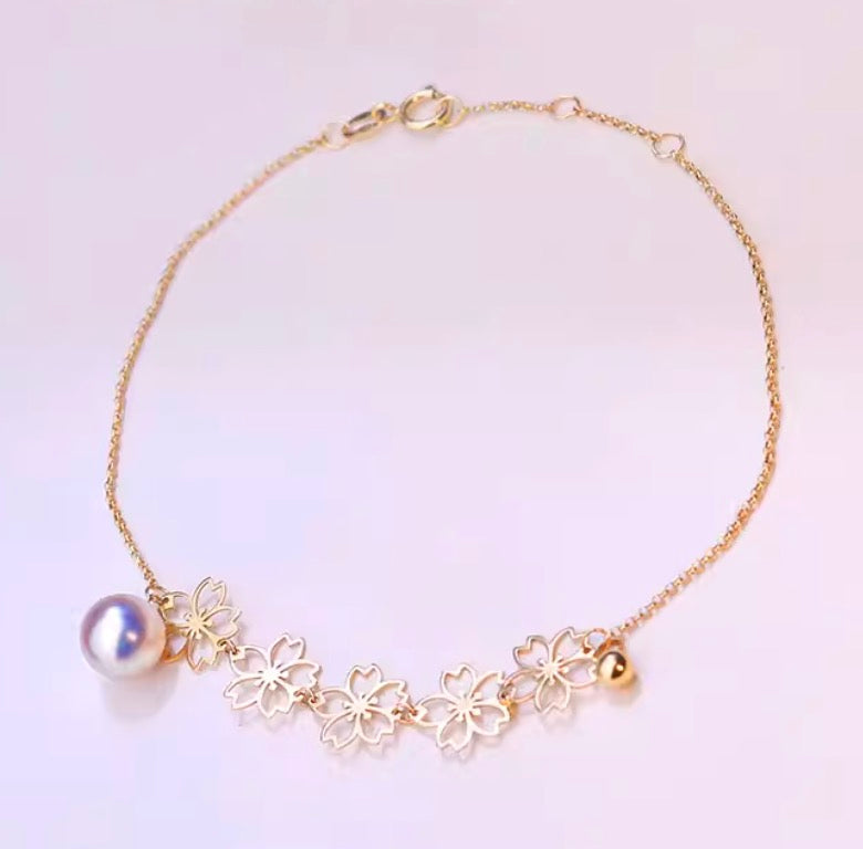 K18YG あこや真珠 パール ブレスレット 桜 花 チャーム イエローゴールド YG 18K あこや アコヤ真珠 ブレス