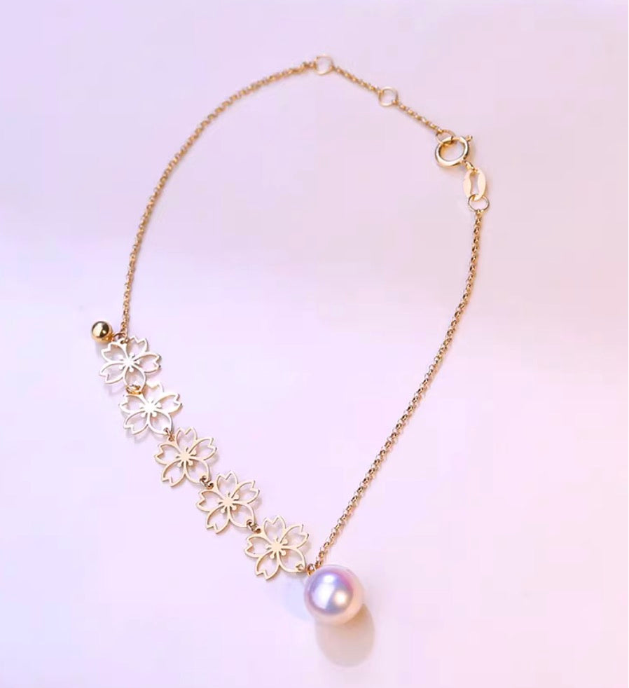K18YG あこや真珠 パール ブレスレット 桜 花 チャーム イエローゴールド YG 18K あこや アコヤ真珠 ブレス