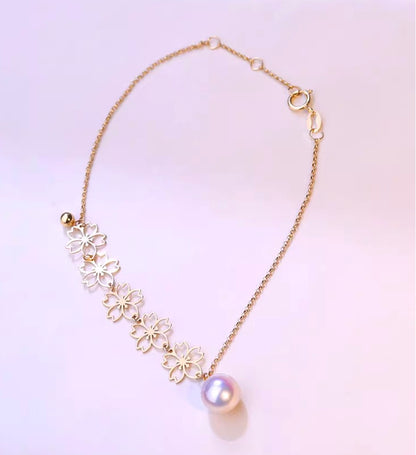 K18YG あこや真珠 パール ブレスレット 桜 花 チャーム イエローゴールド YG 18K あこや アコヤ真珠 ブレス