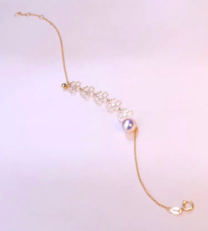 K18YG あこや真珠 パール ブレスレット 桜 花 チャーム イエローゴールド YG 18K あこや アコヤ真珠 ブレス