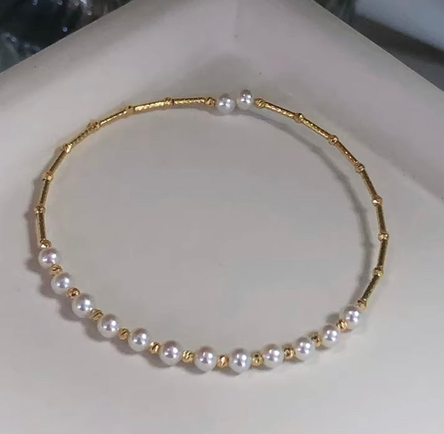 K18YG あこや真珠 バングル 小粒 イエローゴールド YG 18K あこや アコヤ真珠 ワイヤーバングル 弾力 akoya pearl bracelet