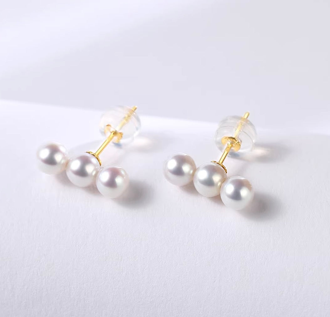 K18YG 淡水パール ３粒 ピアス スタッドピアス トリプルパール イエローゴールド YG 18K パール 真珠 ミニ