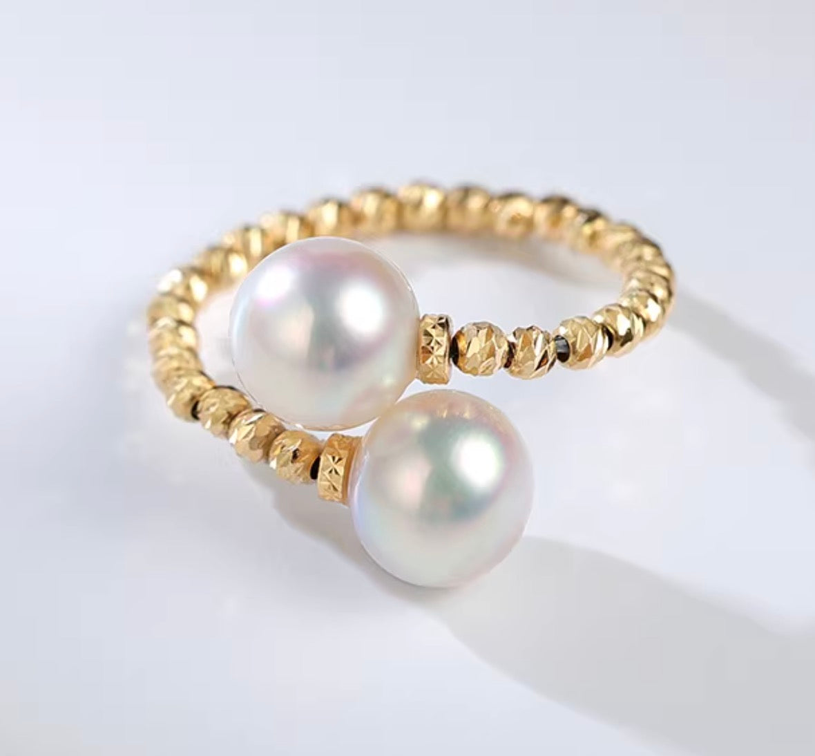 K18YG あこや真珠 パール ワイヤーリング フォークリング 双子 ツイン 2珠 イエローゴールド YG 18K アコヤ真珠 ツイスト リング 指輪