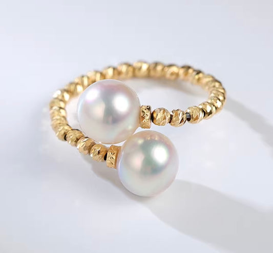 K18YG あこや真珠 パール ワイヤーリング フォークリング 双子 ツイン 2珠 イエローゴールド YG 18K アコヤ真珠 ツイスト リング 指輪