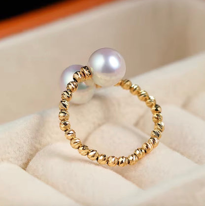 K18YG あこや真珠 パール ワイヤーリング フォークリング 双子 ツイン 2珠 イエローゴールド YG 18K アコヤ真珠 ツイスト リング 指輪
