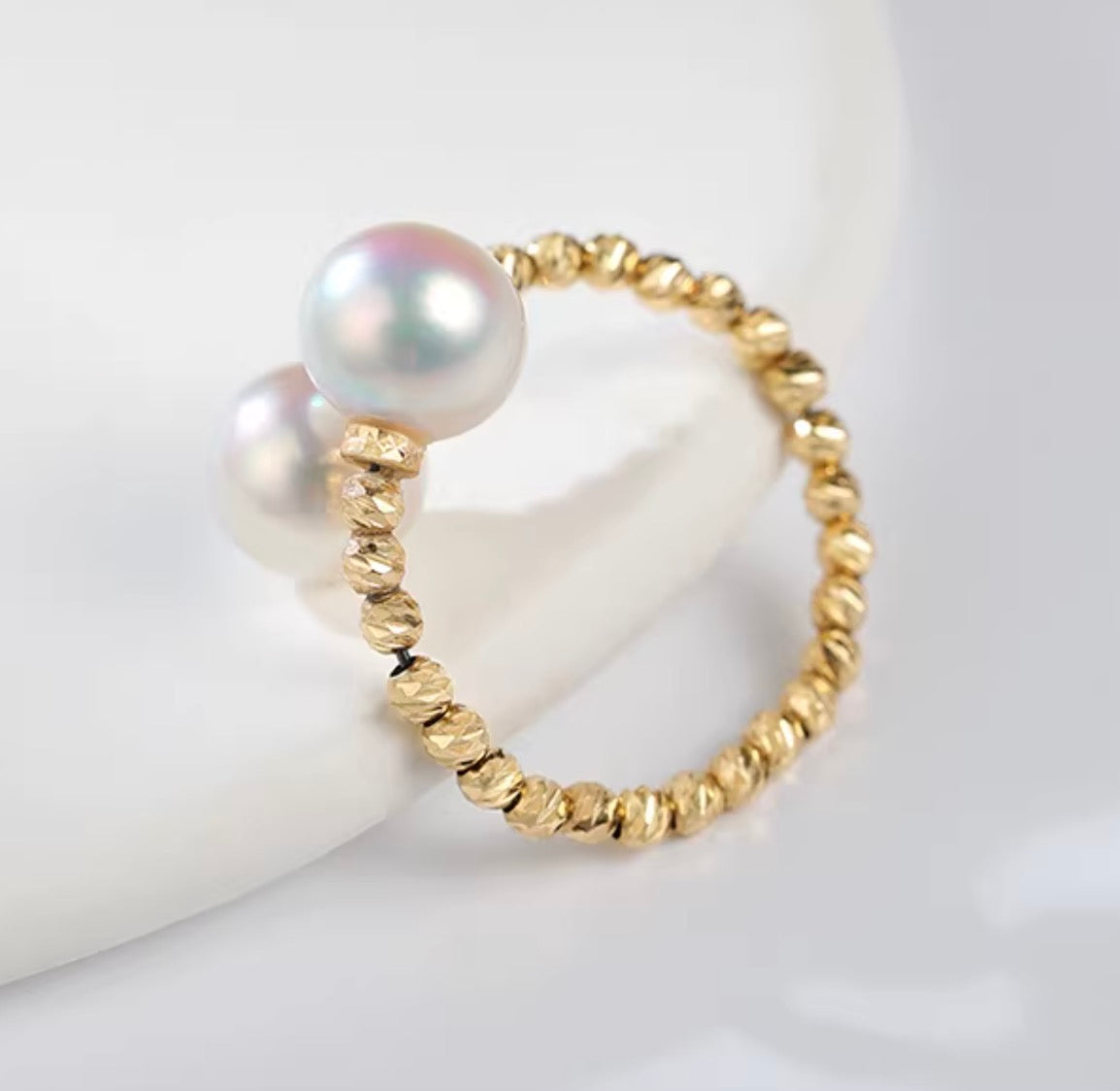 K18YG あこや真珠 パール ワイヤーリング フォークリング 双子 ツイン 2珠 イエローゴールド YG 18K アコヤ真珠 ツイスト リング 指輪