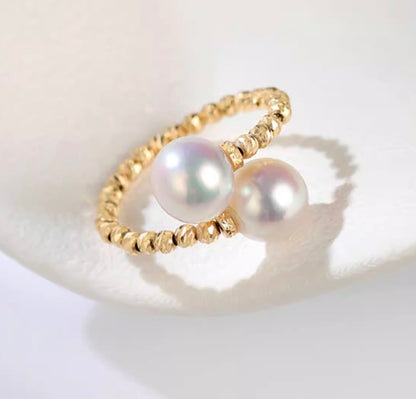 K18YG あこや真珠 パール ワイヤーリング フォークリング 双子 ツイン 2珠 イエローゴールド YG 18K アコヤ真珠 ツイスト リング 指輪