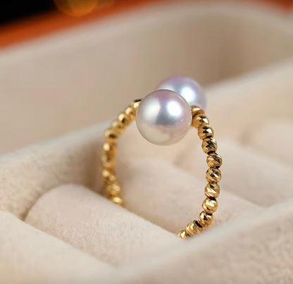 K18YG あこや真珠 パール ワイヤーリング フォークリング 双子 ツイン 2珠 イエローゴールド YG 18K アコヤ真珠 ツイスト リング 指輪