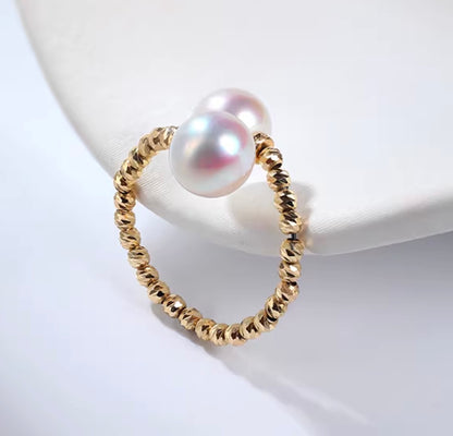 K18YG あこや真珠 パール ワイヤーリング フォークリング 双子 ツイン 2珠 イエローゴールド YG 18K アコヤ真珠 ツイスト リング 指輪
