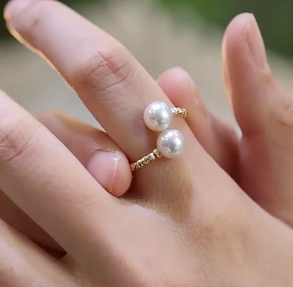 K18YG あこや真珠 パール ワイヤーリング フォークリング 双子 ツイン 2珠 イエローゴールド YG 18K アコヤ真珠 ツイスト リング 指輪