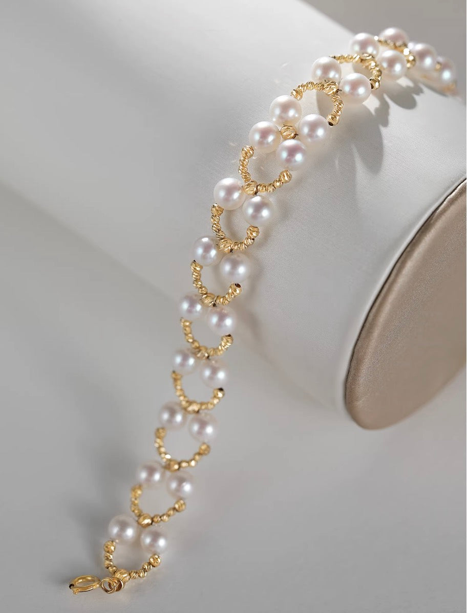K18YG あこや真珠 ブレスレット レース イエローゴールド 18K あこや アコヤ真珠 レーシー バングル インフィニティ 8 ワイヤー