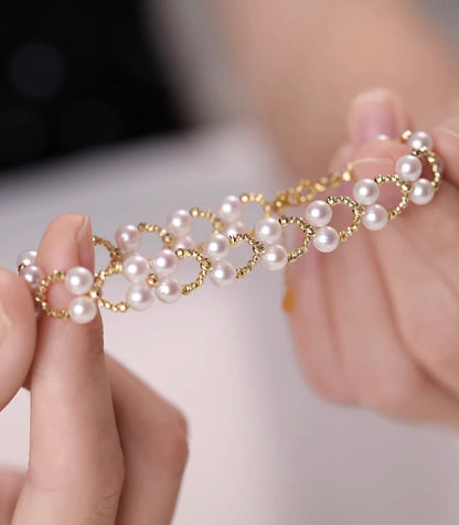 K18YG あこや真珠 ブレスレット レース イエローゴールド 18K あこや アコヤ真珠 レーシー バングル インフィニティ 8 ワイヤー