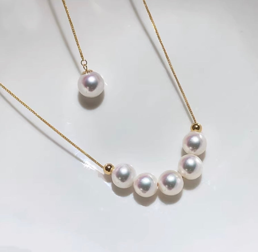 K18YG あこや真珠 2way ショパンチェーン パール ネックレス Y字 ペンダント 18K 5珠 スライド式アジャスター