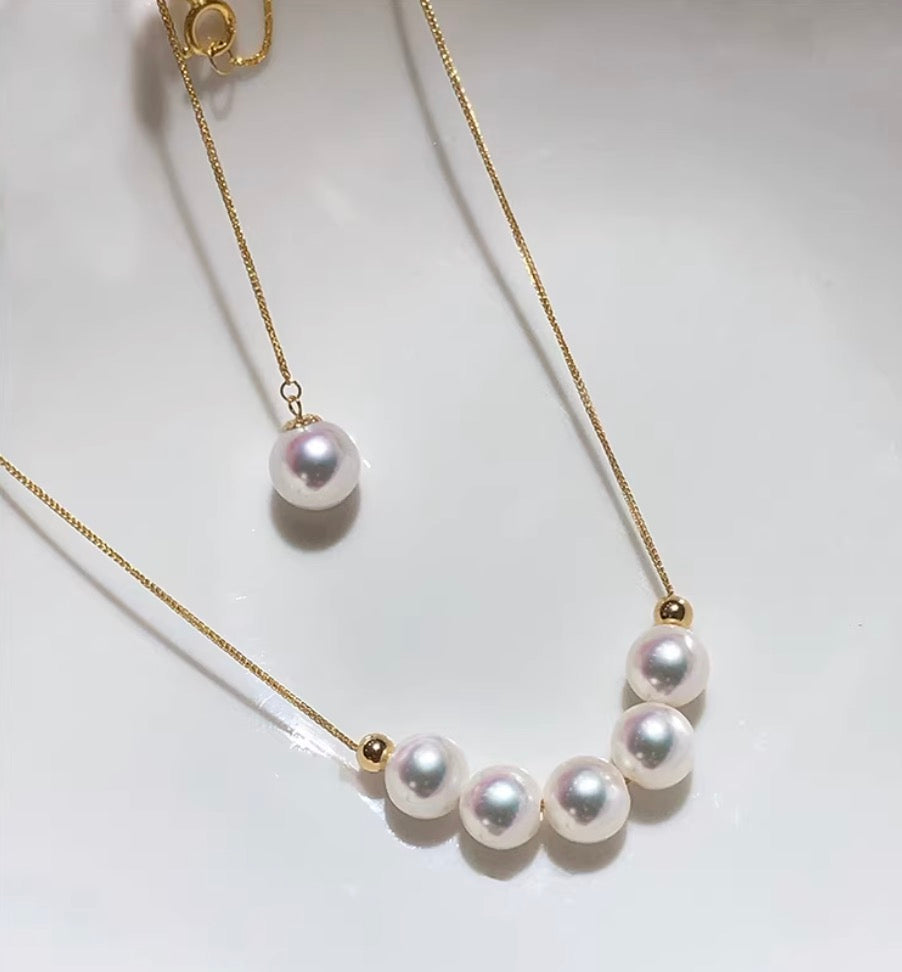 K18YG あこや真珠 2way ショパンチェーン パール ネックレス Y字 ペンダント 18K 5珠 スライド式アジャスター