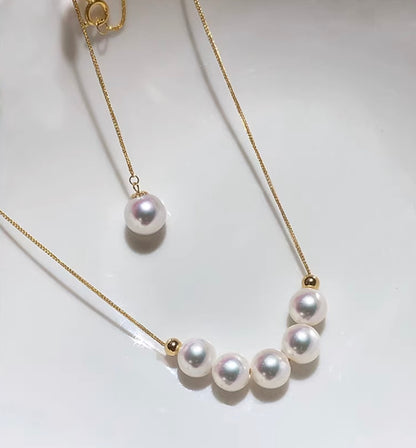 K18YG あこや真珠 2way ショパンチェーン パール ネックレス Y字 ペンダント 18K 5珠 スライド式アジャスター