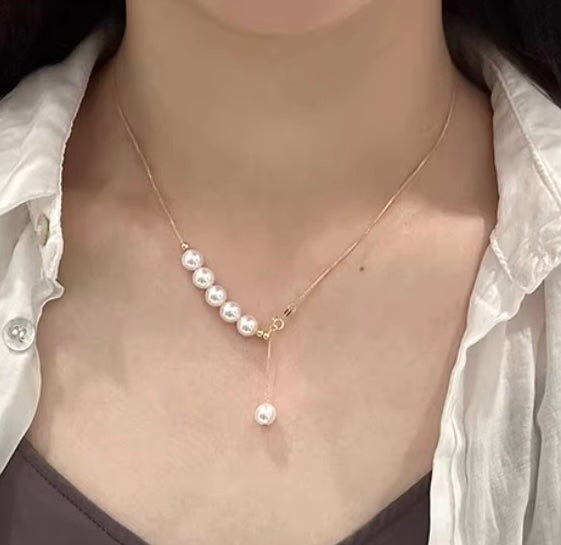 K18YG あこや真珠 2way ショパンチェーン パール ネックレス Y字 ペンダント 18K 5珠 スライド式アジャスター