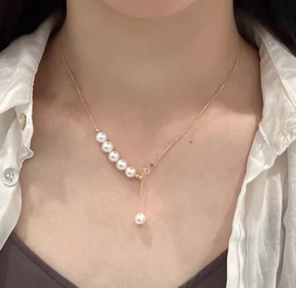 K18YG あこや真珠 2way ショパンチェーン パール ネックレス Y字 ペンダント 18K 5珠 スライド式アジャスター