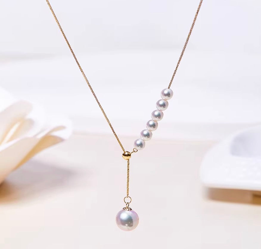 K18YG あこや真珠 2way スライド式アジャスターチェーン ショパンチェーン パール ネックレス Y字 ペンダント YG 18K あこや アコヤ真珠