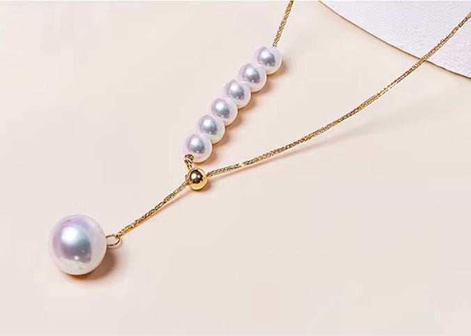 K18YG あこや真珠 2way スライド式アジャスターチェーン ショパンチェーン パール ネックレス Y字 ペンダント YG 18K あこや アコヤ真珠