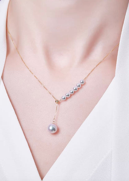 K18YG あこや真珠 2way スライド式アジャスターチェーン ショパンチェーン パール ネックレス Y字 ペンダント YG 18K あこや アコヤ真珠