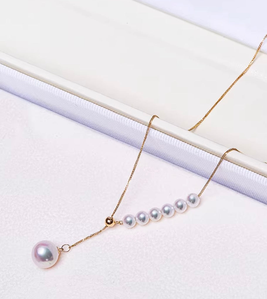 K18YG あこや真珠 2way スライド式アジャスターチェーン ショパンチェーン パール ネックレス Y字 ペンダント YG 18K あこや アコヤ真珠