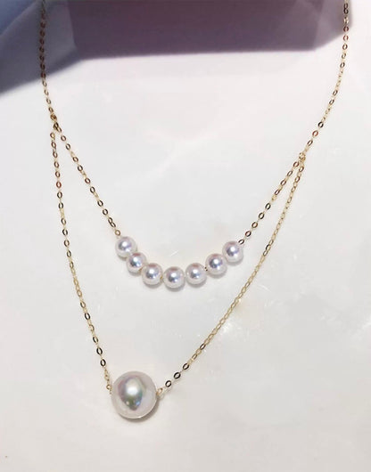 K18YG あこや真珠 スマイルネックレス パール イエローゴールド YG 18K あこや アコヤ真珠 二重 ダブルライン ネックレス あずきチェーン