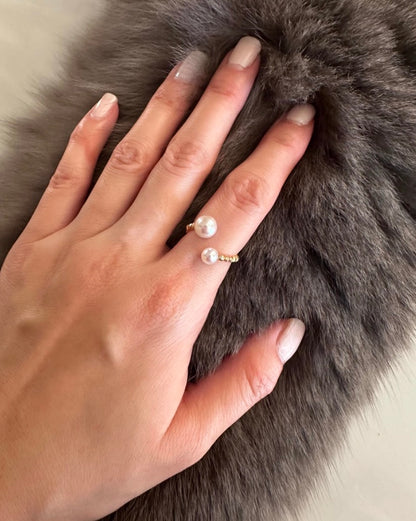 K18YG あこや真珠 指輪 リング ワイヤーリング 18K アコヤ真珠 ツインパール 双子 パール フォークリング オープンリング