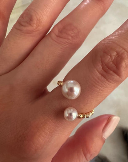 K18YG あこや真珠 指輪 リング ワイヤーリング 18K アコヤ真珠 ツインパール 双子 パール フォークリング オープンリング