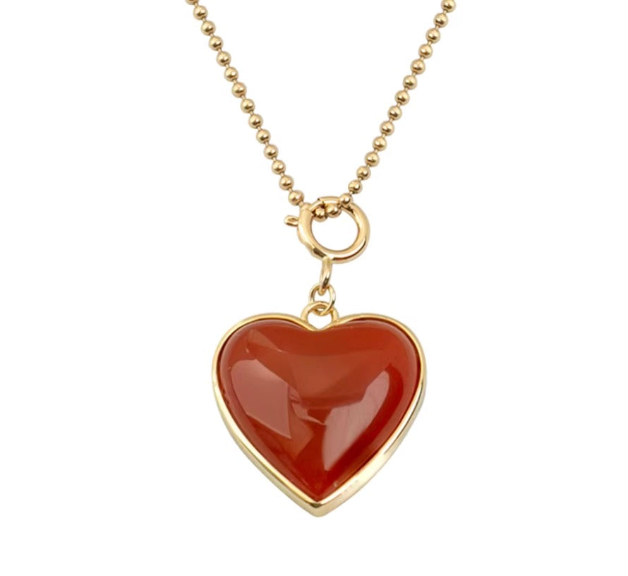 K14YG ぷっくりハート ペンダント カーネリアン 引き輪 イエローゴールド 14K ネックレスチャーム レッドカーネリアン ピアスチャーム