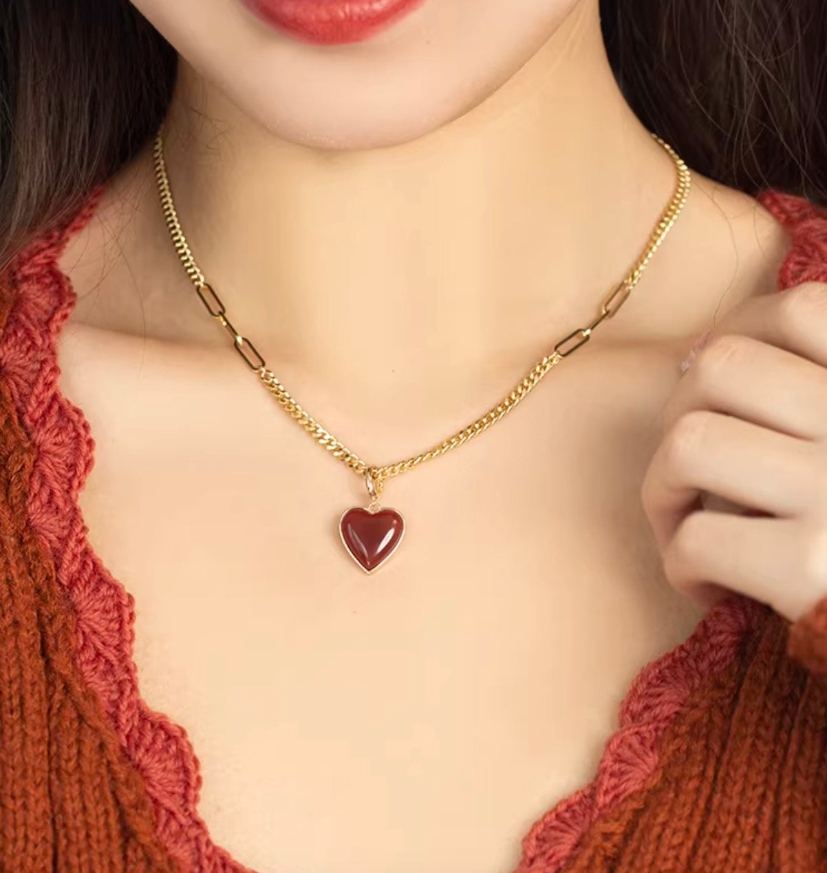 K14YG ぷっくりハート ペンダント カーネリアン 引き輪 イエローゴールド 14K ネックレスチャーム レッドカーネリアン ピアスチャーム