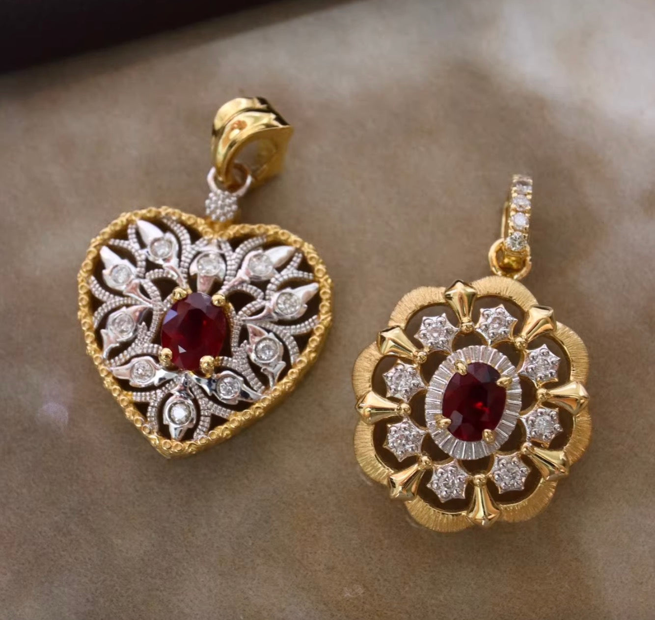 K18YG ルビー ダイヤモンド ペンダント 18K イエローゴールド ペンダントトップ 開口バチカン ネックレス 大ぶり 大きめ オーバル 花