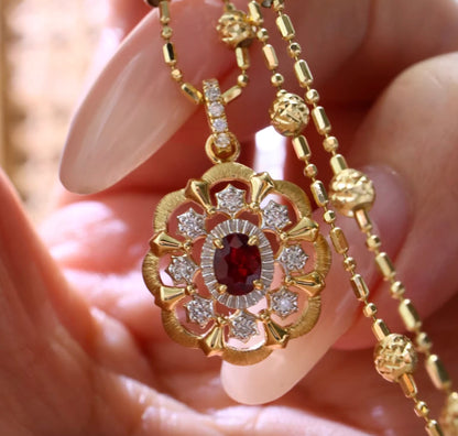 K18YG ルビー ダイヤモンド ペンダント 18K イエローゴールド ペンダントトップ 開口バチカン ネックレス 大ぶり 大きめ オーバル 花