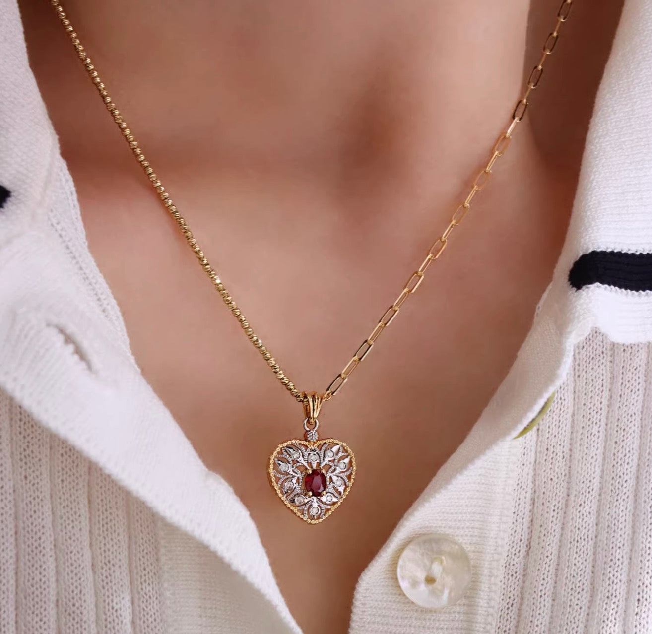 K18YG ルビー ダイヤモンド ハート ペンダント 18K イエローゴールド ペンダントトップ 開口バチカン ネックレス 大ぶり