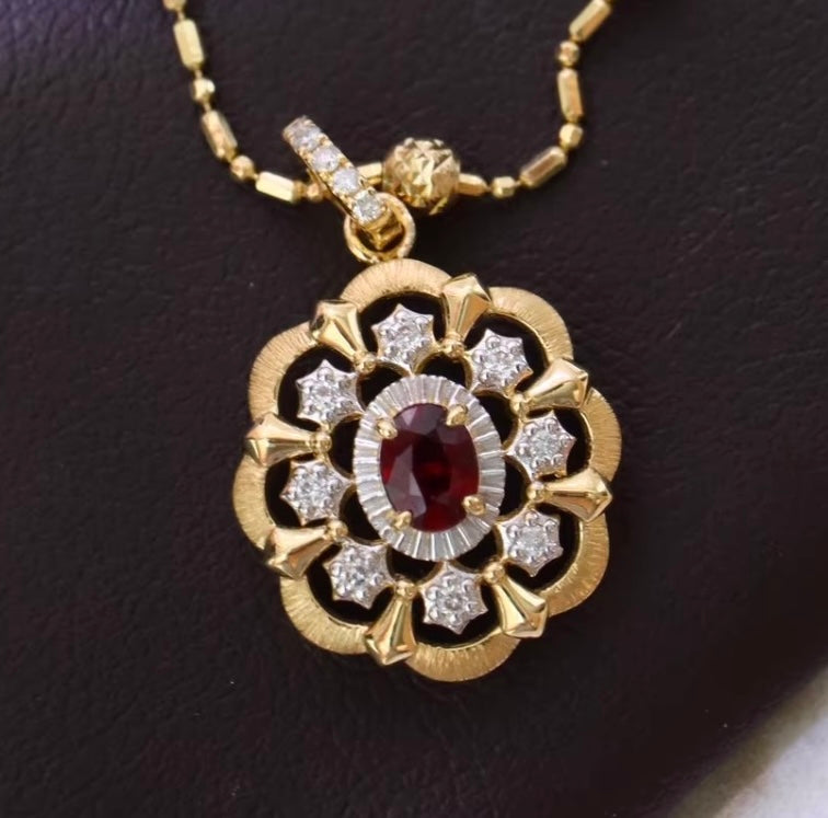 K18YG ルビー ダイヤモンド ペンダント 18K イエローゴールド ペンダントトップ 開口バチカン ネックレス 大ぶり 大きめ オーバル 花